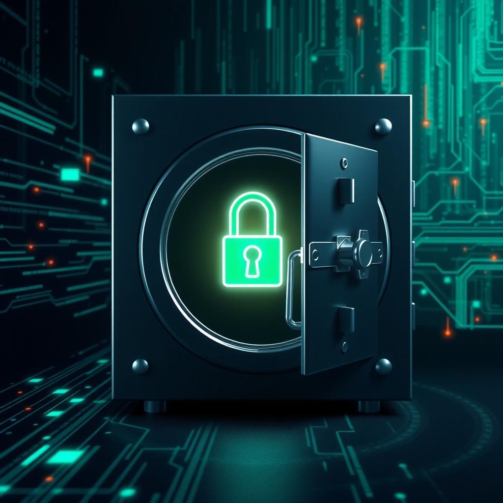 Digital vault with a glowing lock and data streams, symbolizing secure data protection.