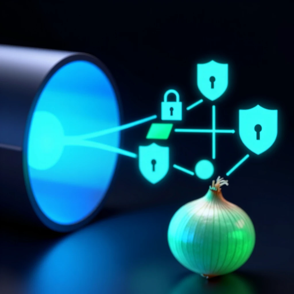Data flow through VPN tunnel into Tor network with encryption layers
