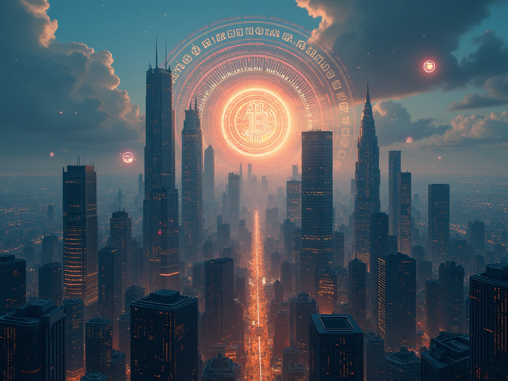A cityscape featuring Bitcoin and Monero logos in the architecture, symbolizing a future tied to digital currencies.