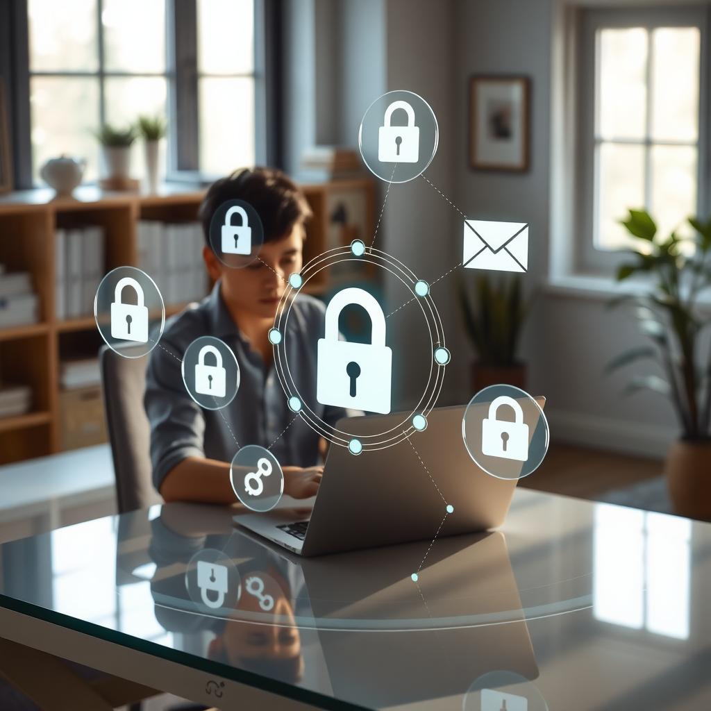 Person using a laptop with holographic privacy tool icons in a home office