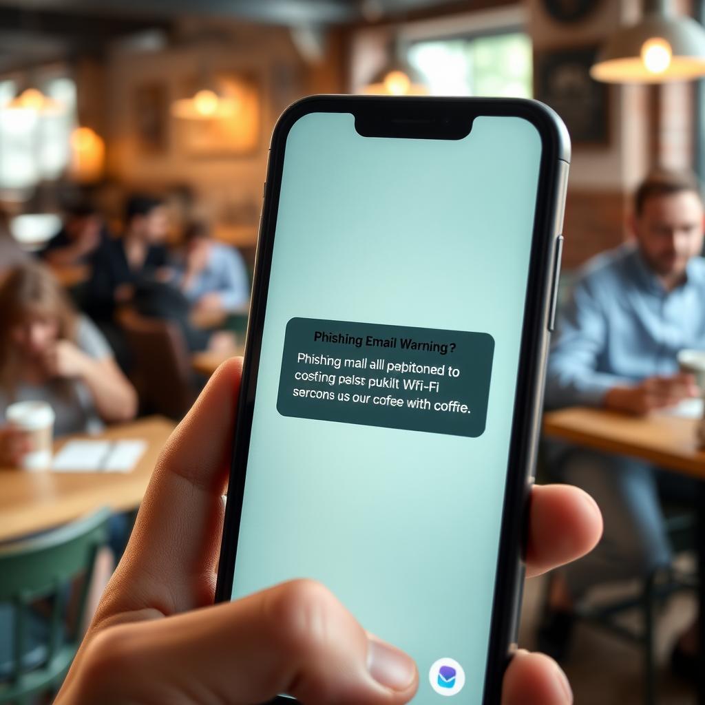 Smartphone showing a phishing email warning in a coffee shop setting