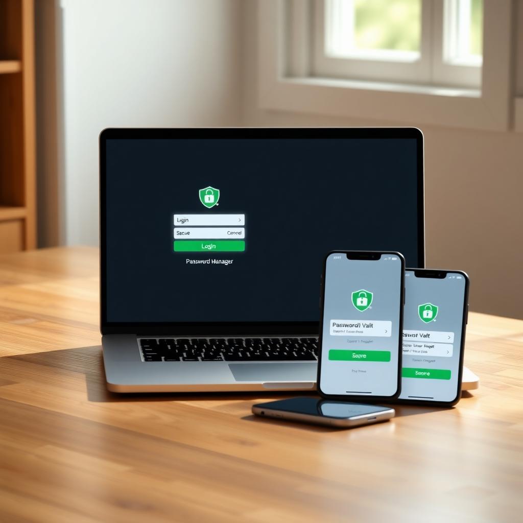 Laptop and smartphone displaying a password manager’s secure login screen on a wooden desk