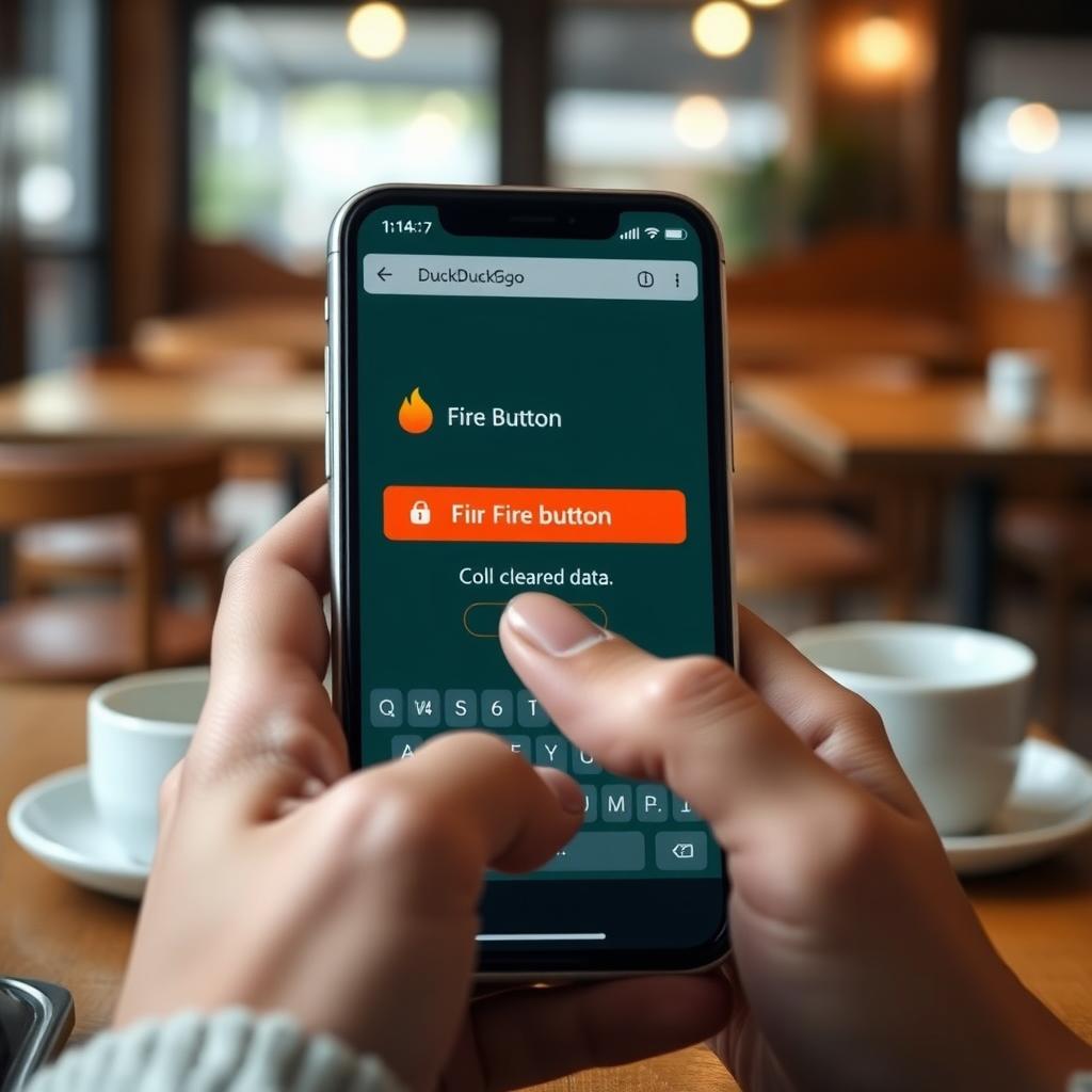 Person’s hands on a smartphone tapping the Fire Button in the DuckDuckGo Privacy Browser, showing a data-cleared message in a coffee shop.