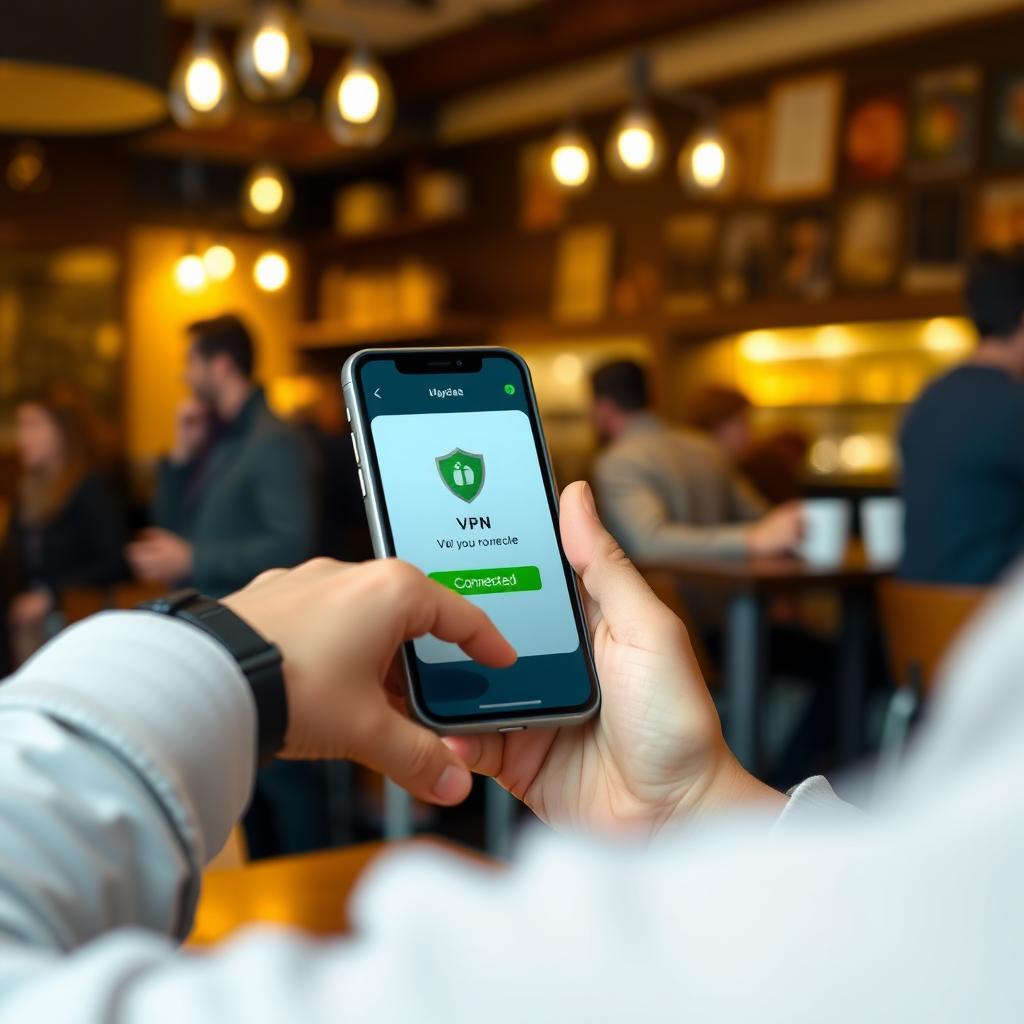Person in a coffee shop using a smartphone with a VPN app showing a 'Connected' status and a green shield icon.