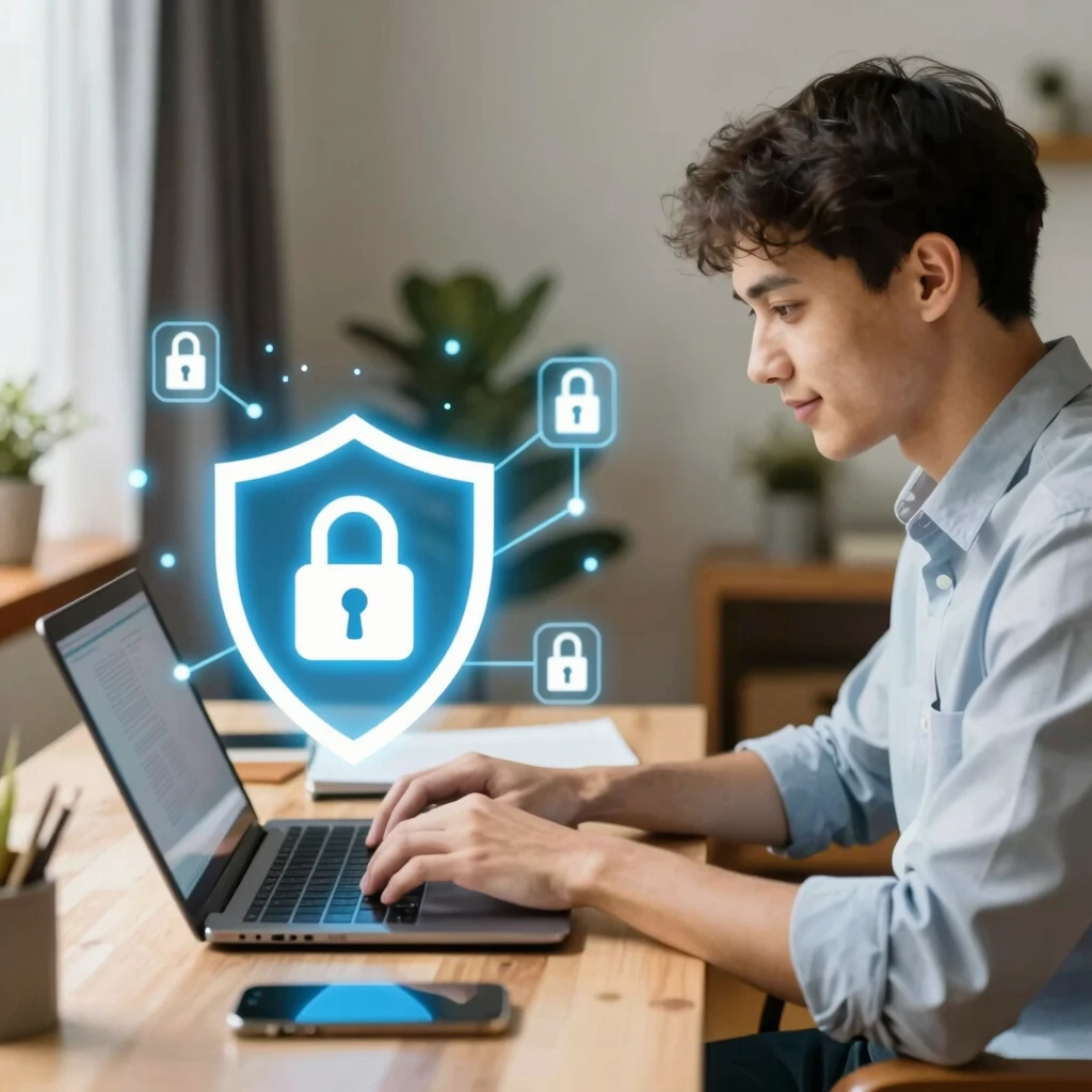 Person protecting online privacy with digital shield