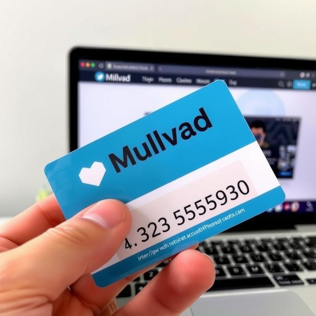 Hand holding a Mullvad VPN account card next to a computer.