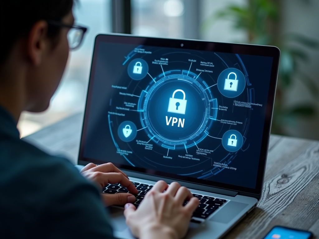 Person using a VPN on a laptop with security icons