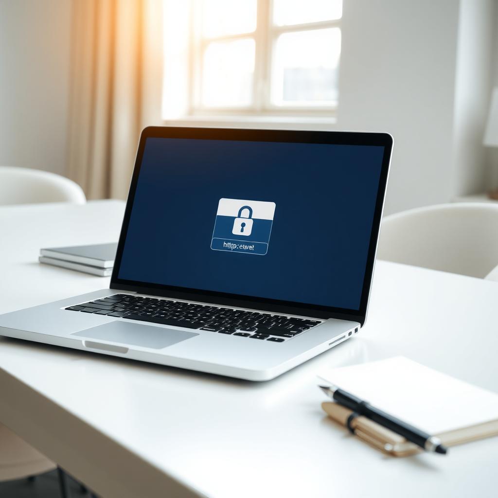 Laptop screen showing a secure login page with a padlock icon, on a tidy desk with a notebook and pen.