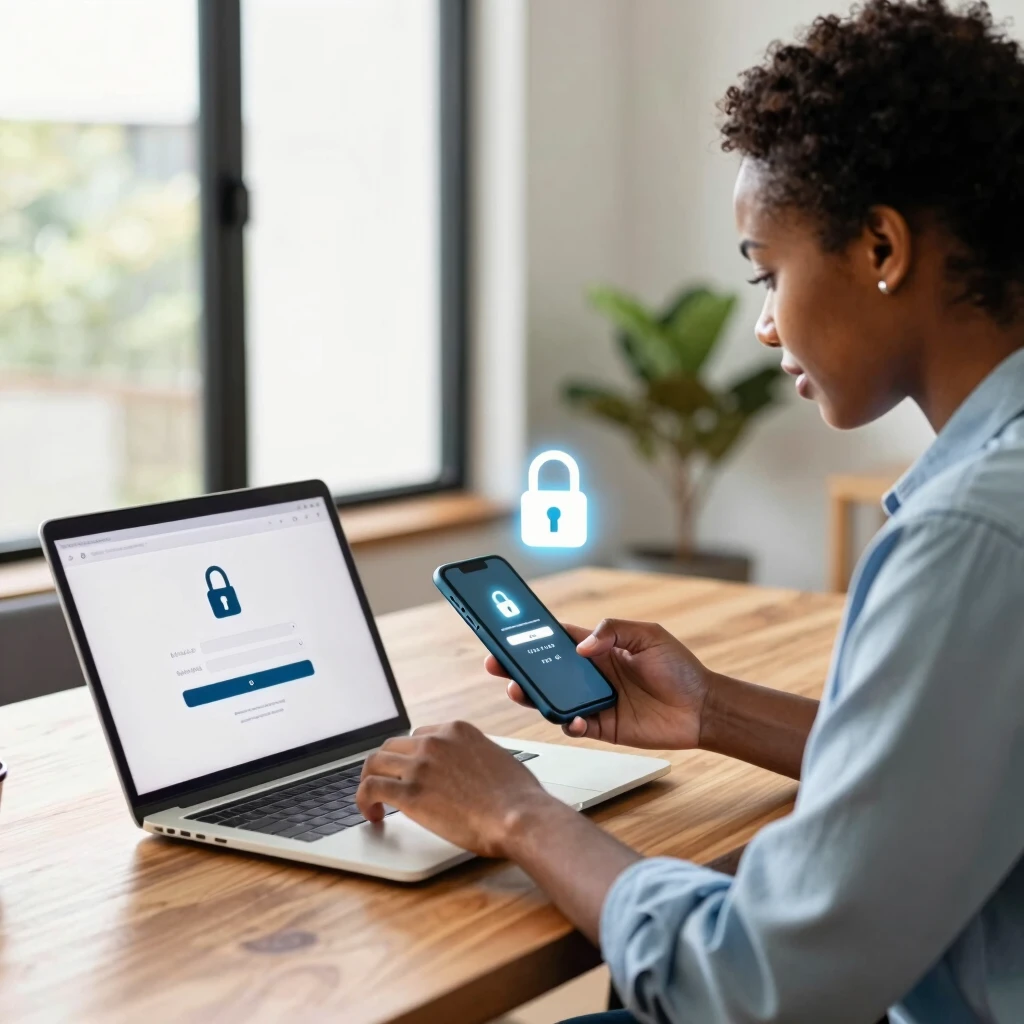 A professional securely entering a two-factor authentication code on their smartphone while logging into a laptop.