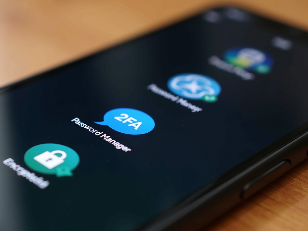 Smartphone showing icons of online privacy tools on a desk.