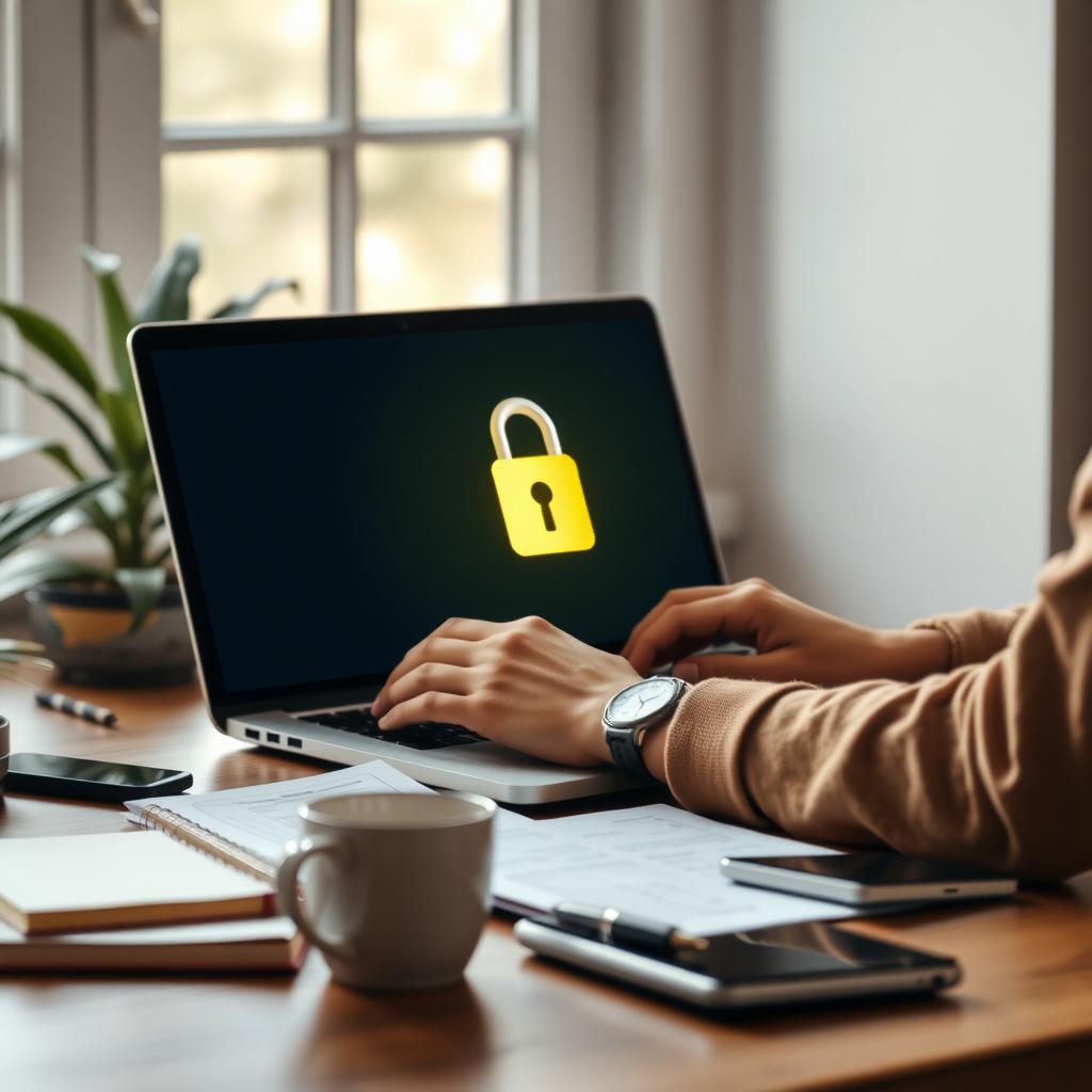 Person using a laptop with a padlock icon on the screen, representing online privacy.