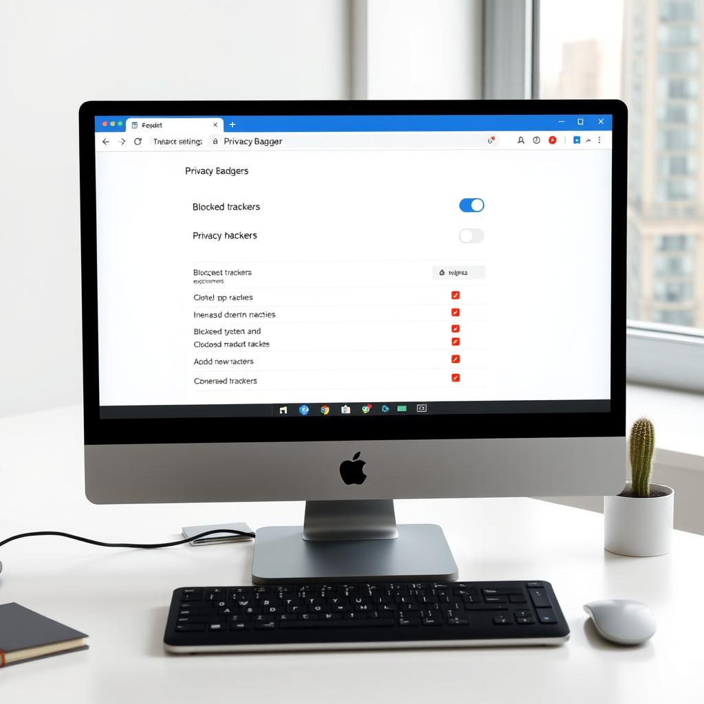 Computer screen showing Privacy Badger extension in a minimalist office