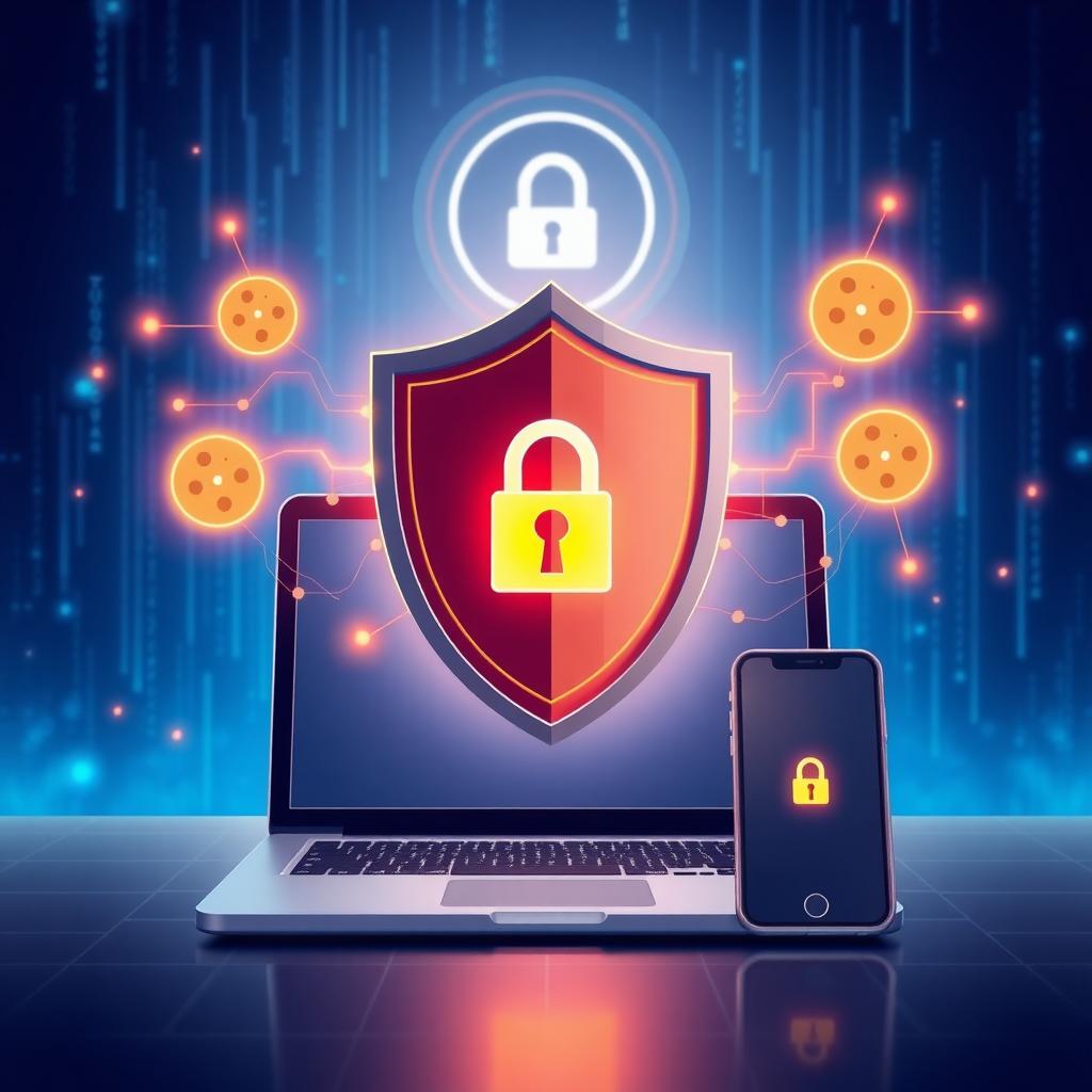 Digital illustration of a shield guarding a laptop and smartphone from data trackers in a futuristic cyberspace.