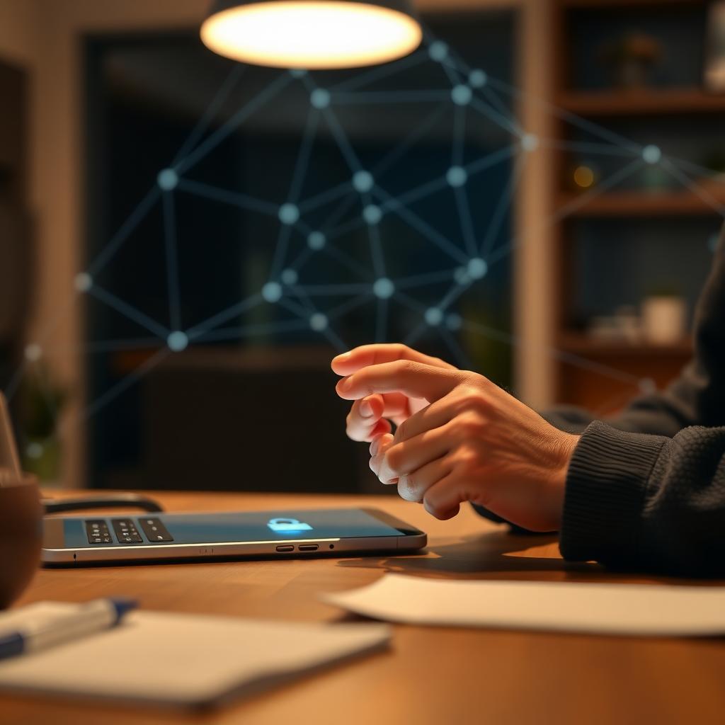 Person using a smartphone with a glowing lock icon, symbolizing online privacy, in a cozy room with a digital network background.