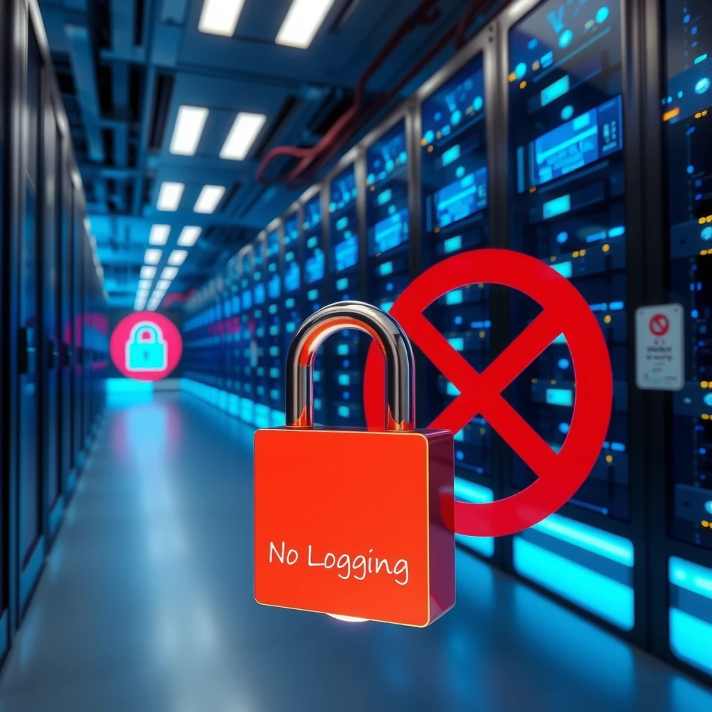 Secure server room with blue locks and no-logging symbols representing VPN privacy