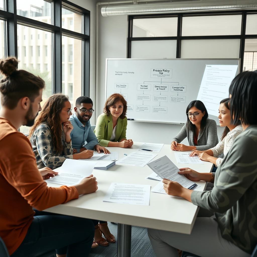 A diverse group discusses privacy policies in a modern office with a whiteboard showing a data protection flowchart.