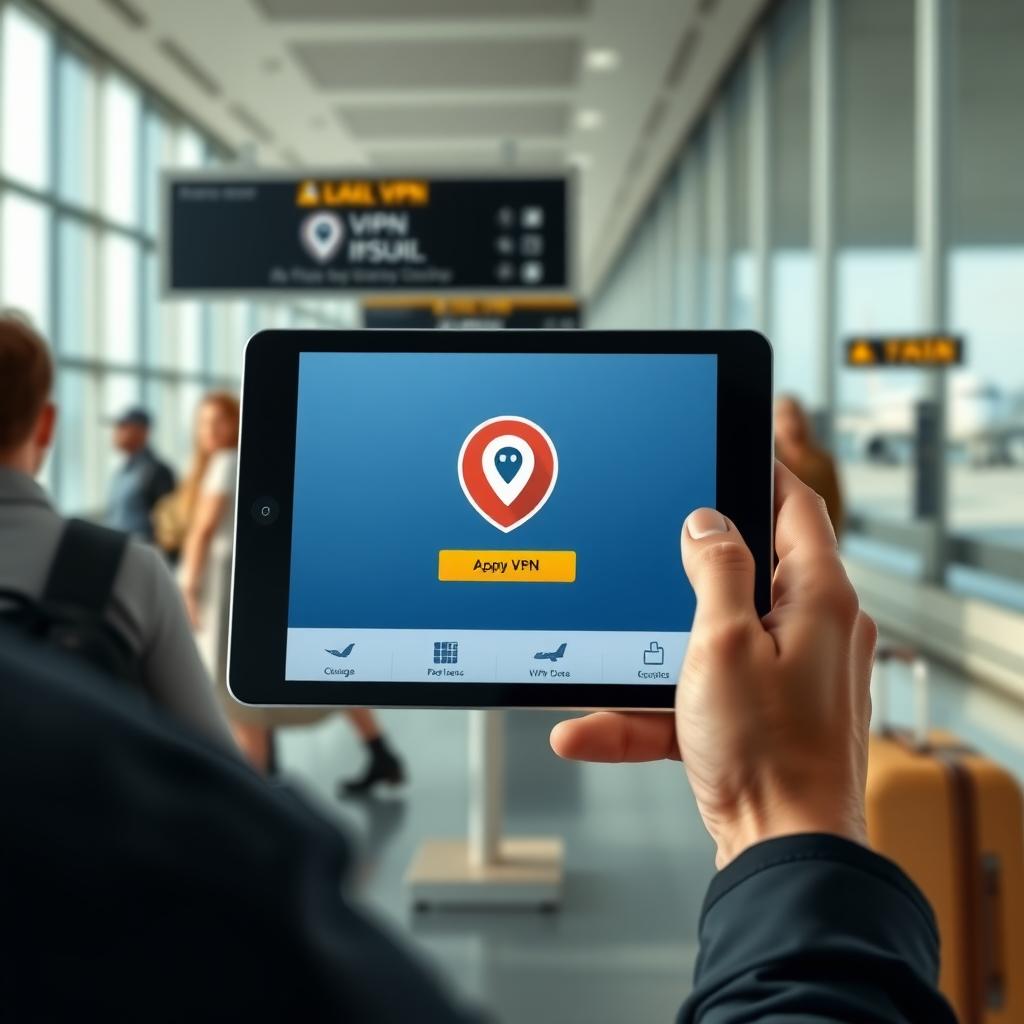 Person using a tablet with a VPN app in an airport terminal