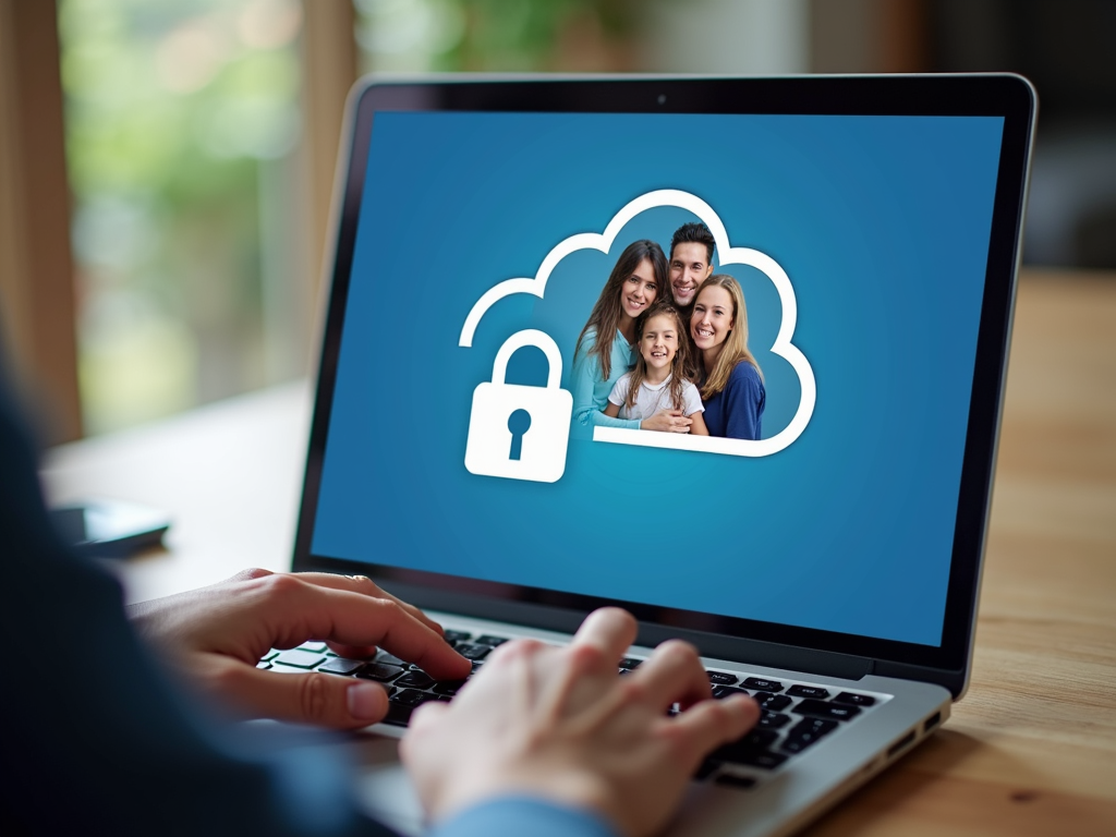Person uploading a family photo to a secure cloud storage app on a laptop
