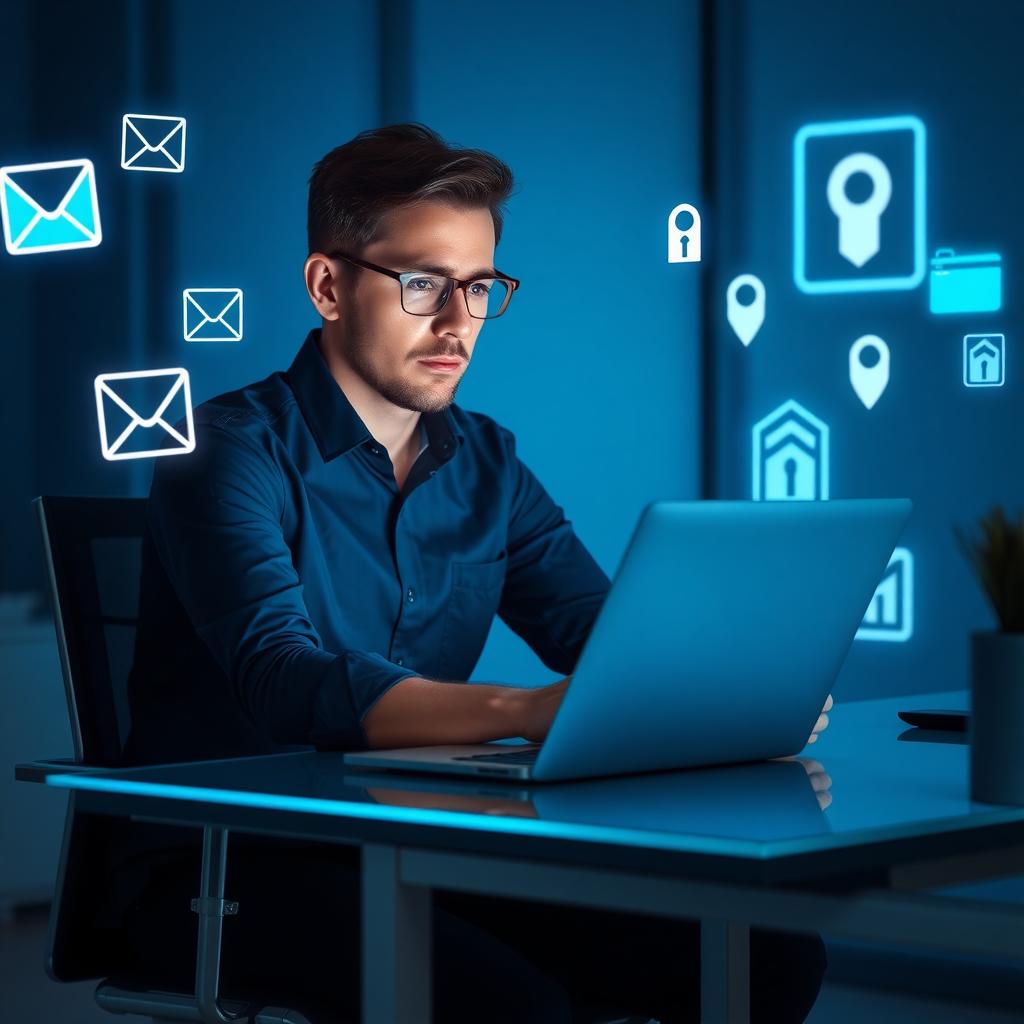 Person at a desk with holographic data icons, concerned about online privacy