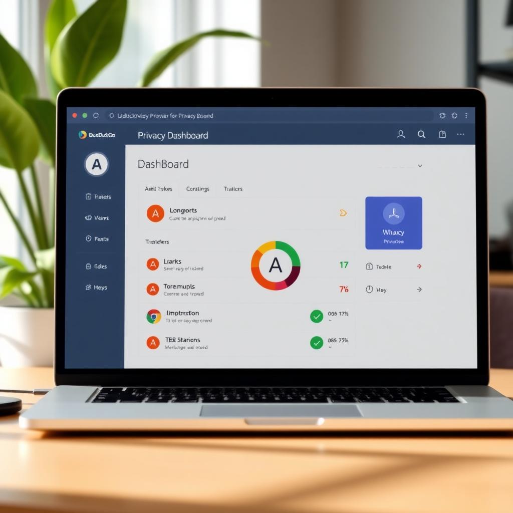 Laptop screen displaying the DuckDuckGo Privacy Browser’s privacy dashboard with blocked trackers and a website privacy grade of A.