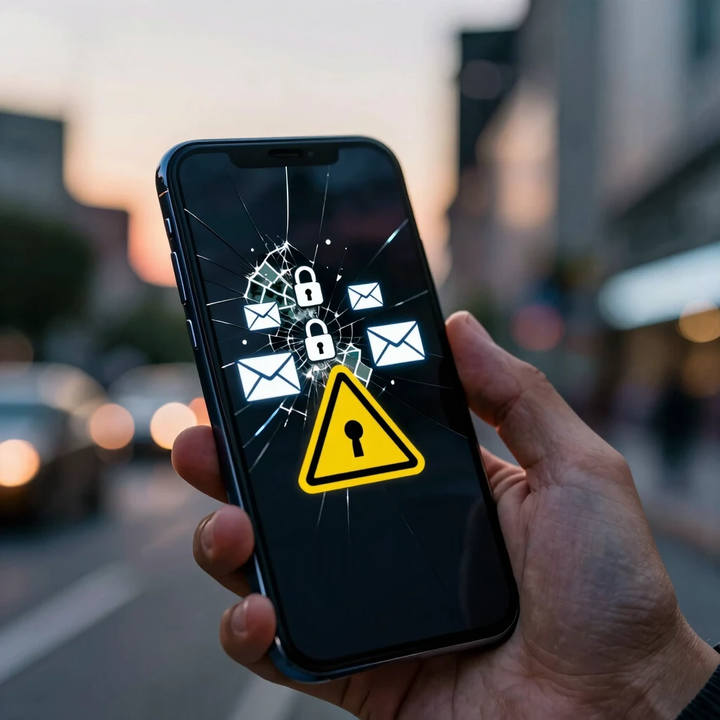 Close-up of a cracked smartphone displaying privacy breach alerts