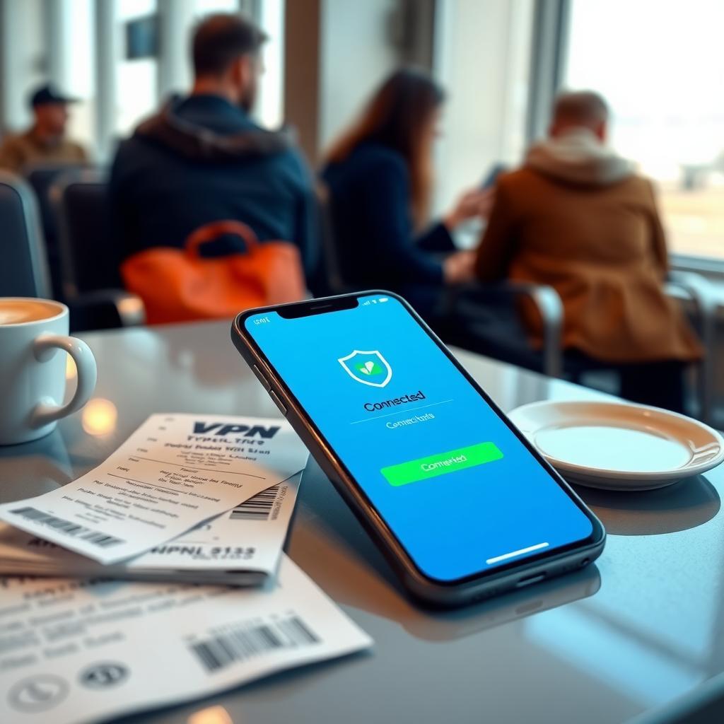 Smartphone showing a VPN app connected, placed on a table in an airport lounge with a boarding pass and coffee.