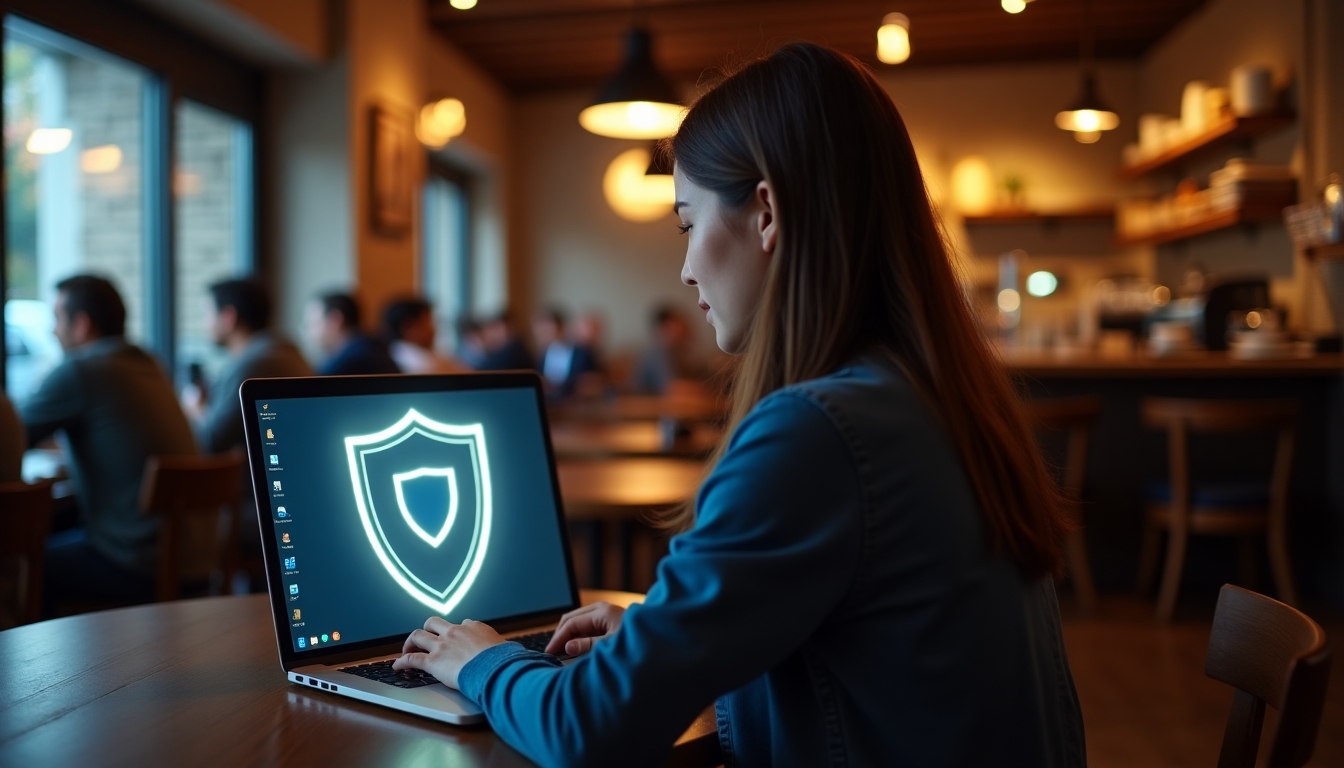 Person using VPN on laptop at café