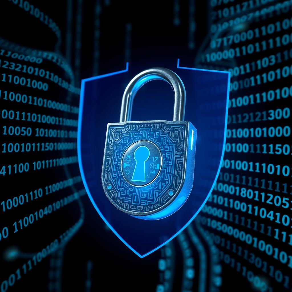 A glowing blue digital padlock surrounded by binary code, representing secure data encryption.