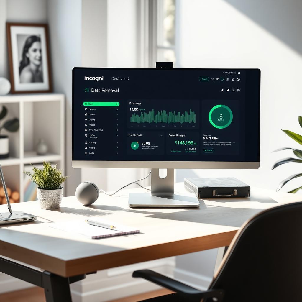Computer screen showing Incogni dashboard on a tidy home office desk