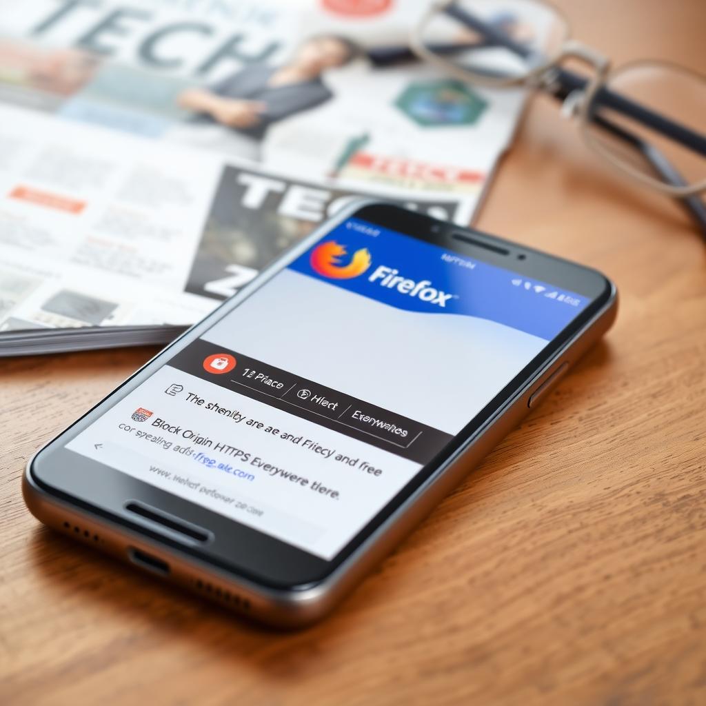 Smartphone showing Firefox browser with privacy extensions, displaying an ad-free webpage.