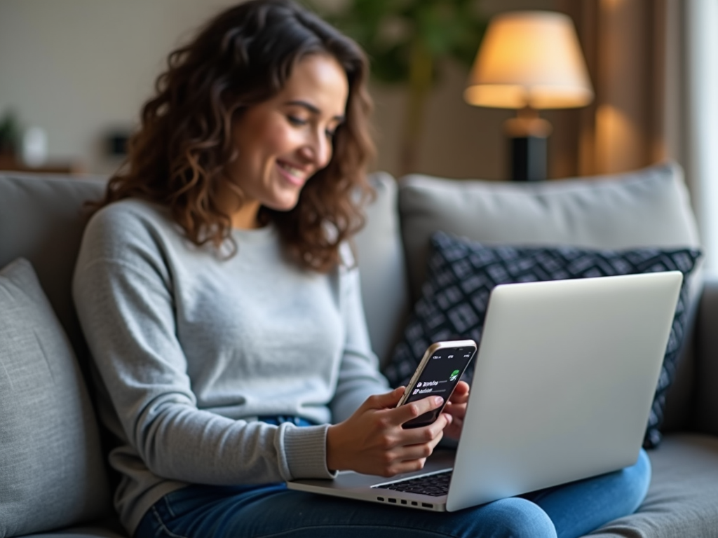 Smiling person with phone and laptop using password manager and Proton Mail.