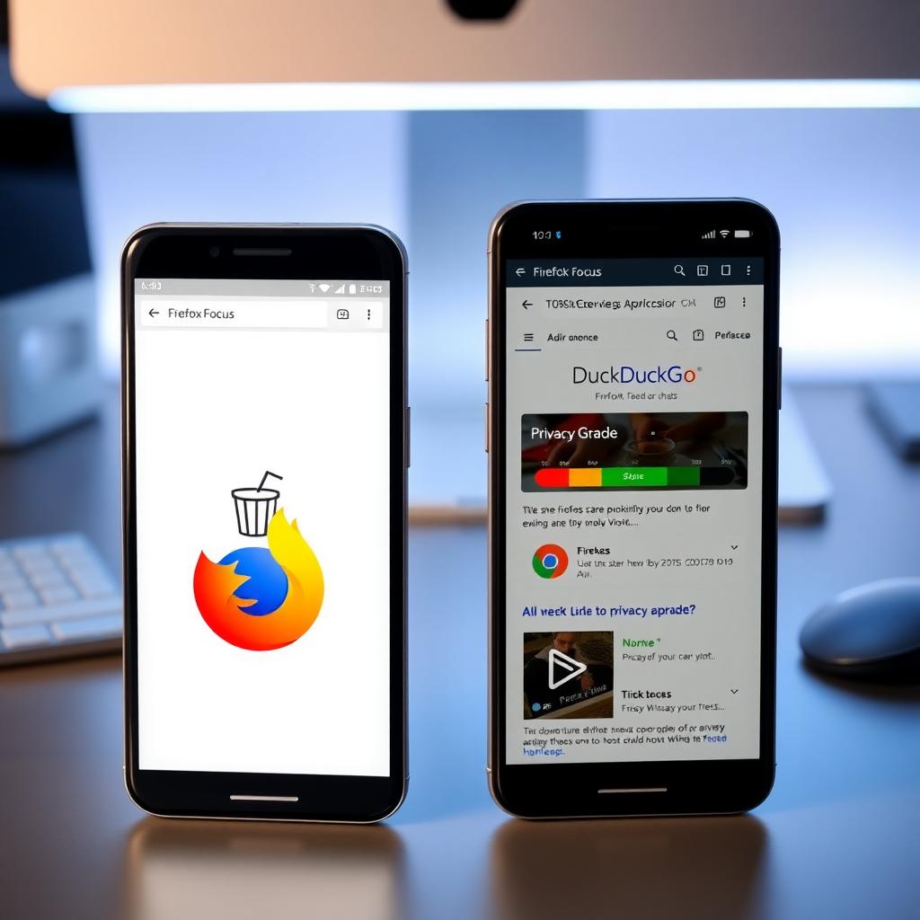 Two smartphones displaying Firefox Focus and DuckDuckGo browsers, showcasing their privacy-focused interfaces on a modern desk.