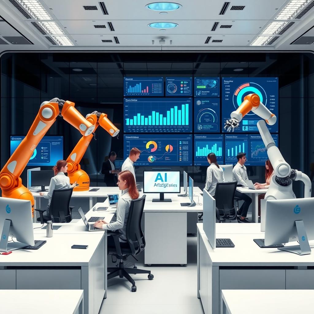 Modern office with humans and robots working together, surrounded by advanced technology and digital screens.