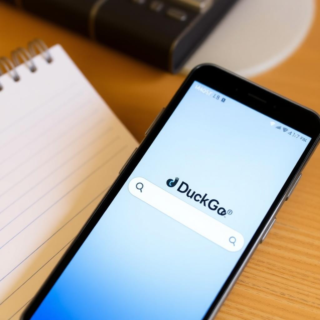 Smartphone showing DuckDuckGo search engine on a desk.