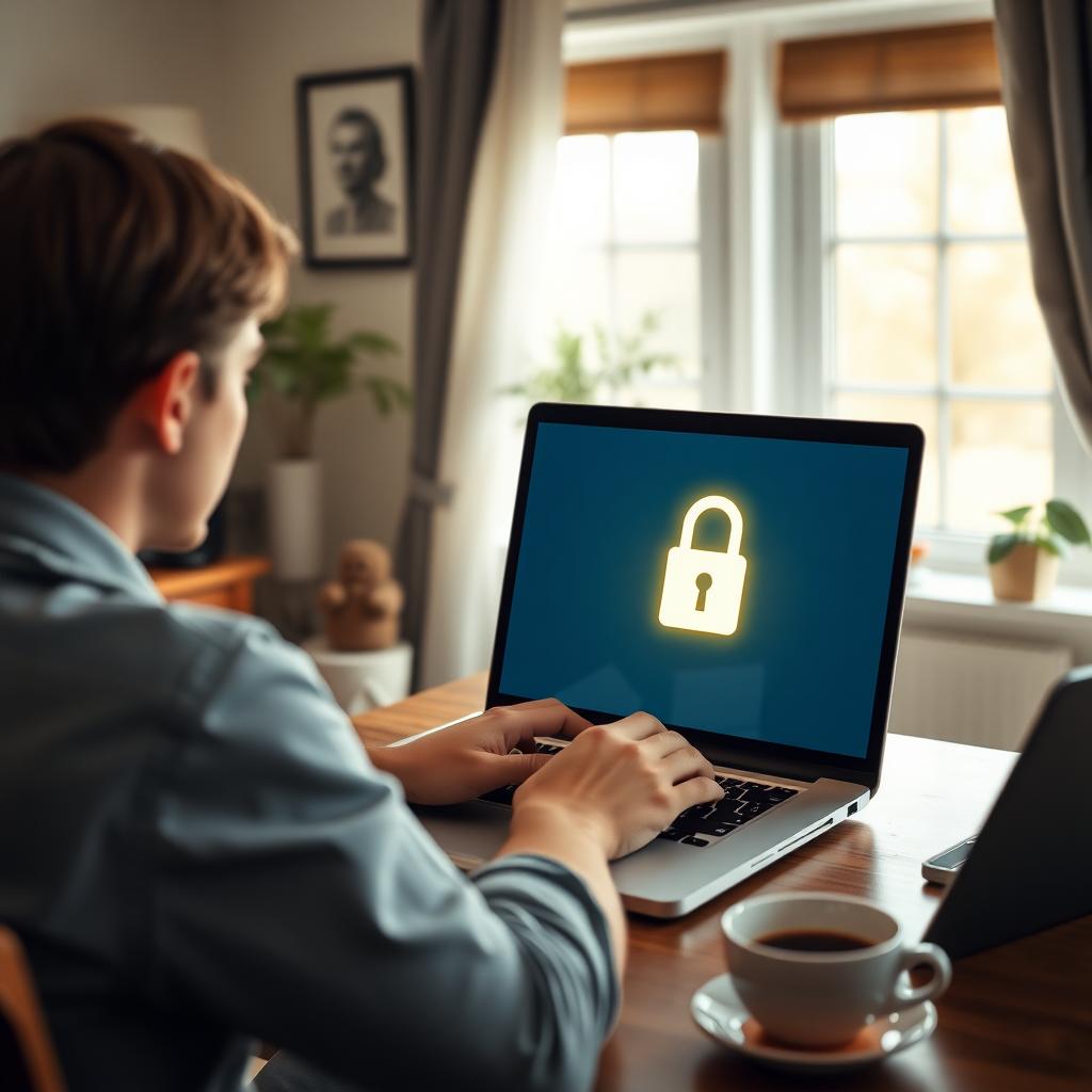 Person working on a laptop with a glowing padlock icon on the screen, representing online privacy.
