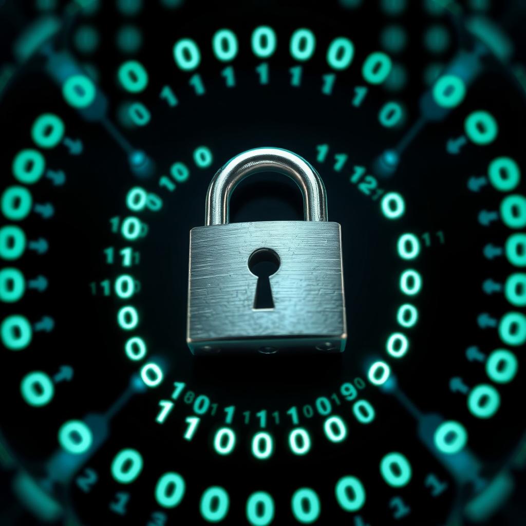 A metallic padlock glowing with digital binary code, representing password security.