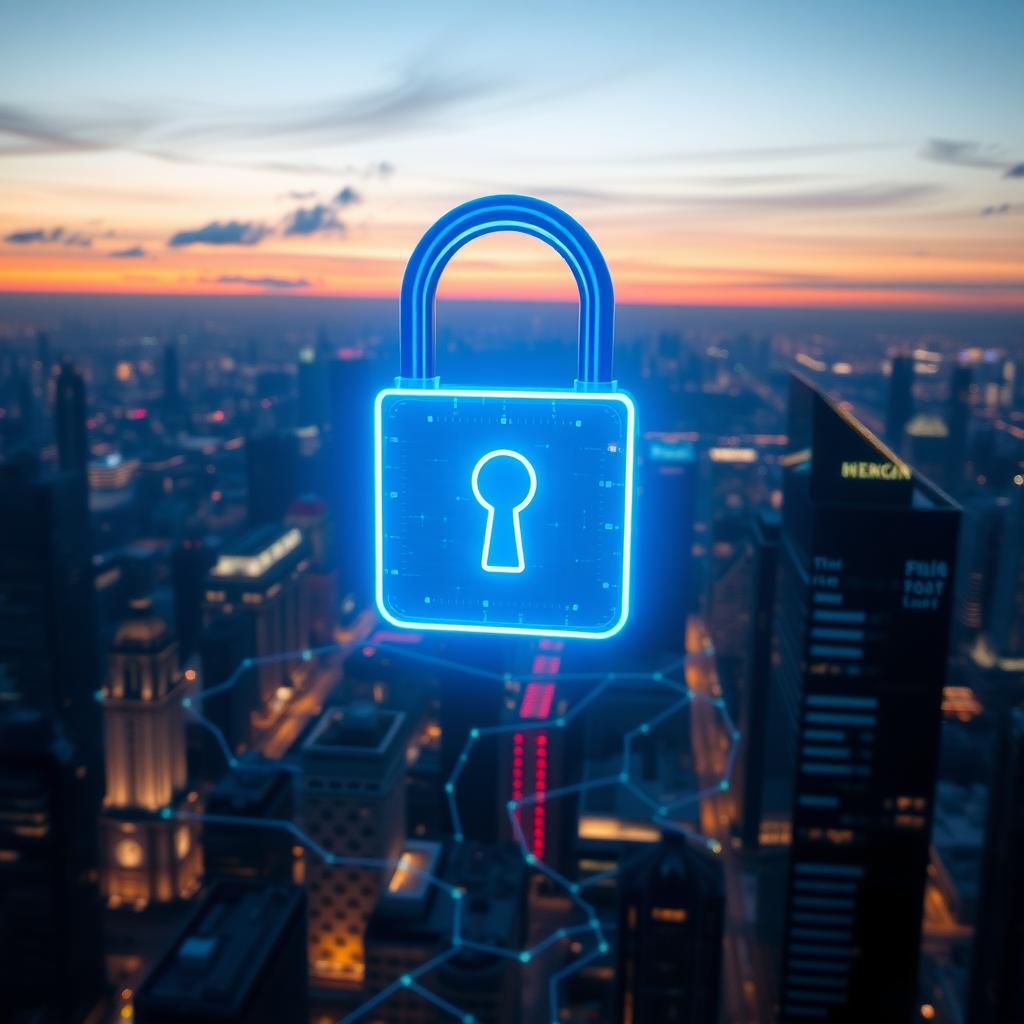 A glowing blue digital lock hovers over a futuristic city with data streams connecting buildings, symbolizing online security.