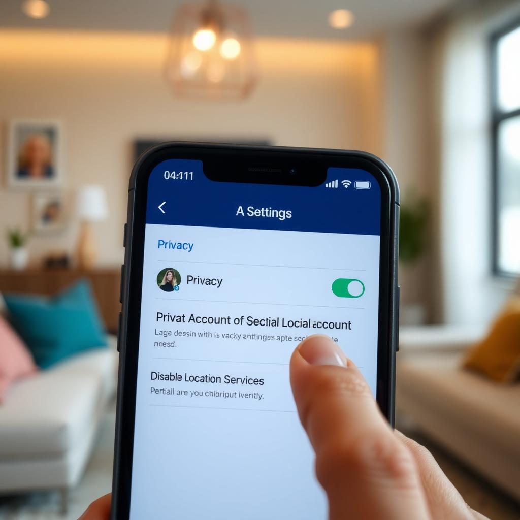 Smartphone screen showing a social media privacy settings page with options like 'Private Account' and 'Disable Location Services.'