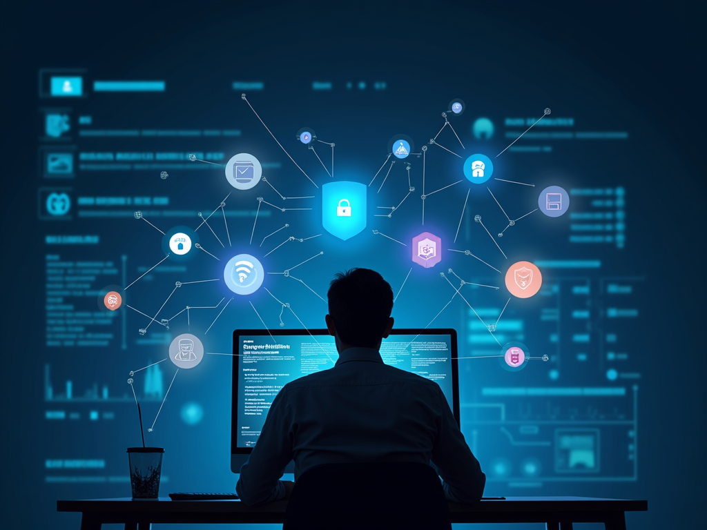 A tech-savvy individual surrounded by digital security icons, representing online privacy tools and measures in 2025.