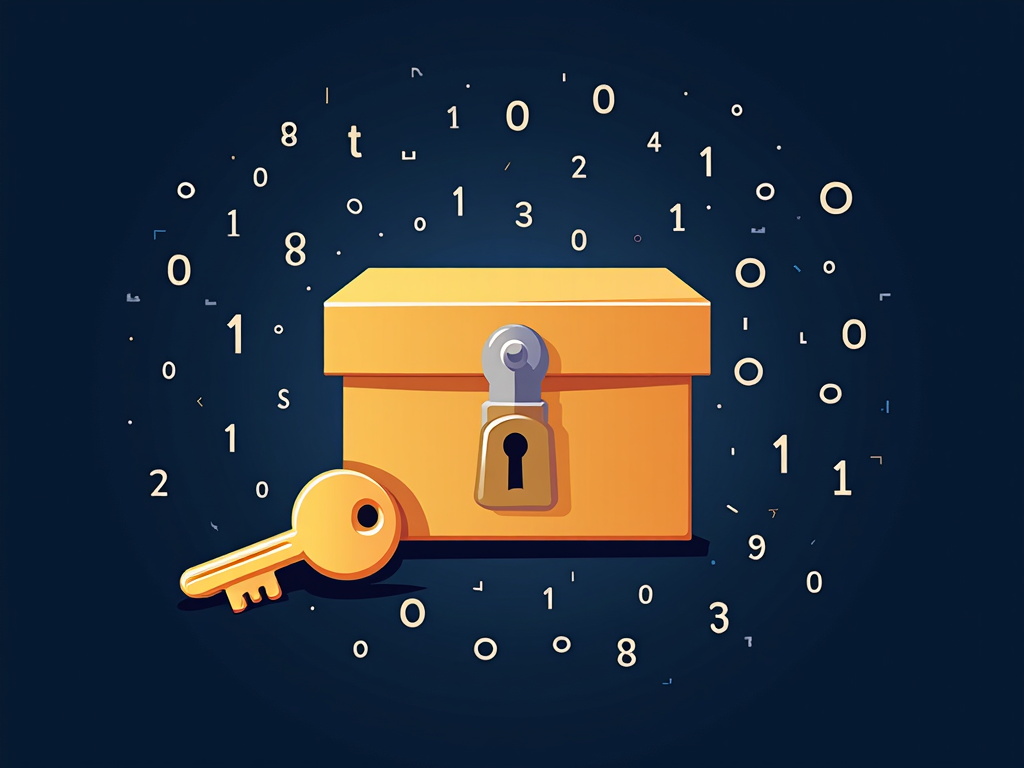 Illustration of a locked box and key on a digital background, representing encryption.