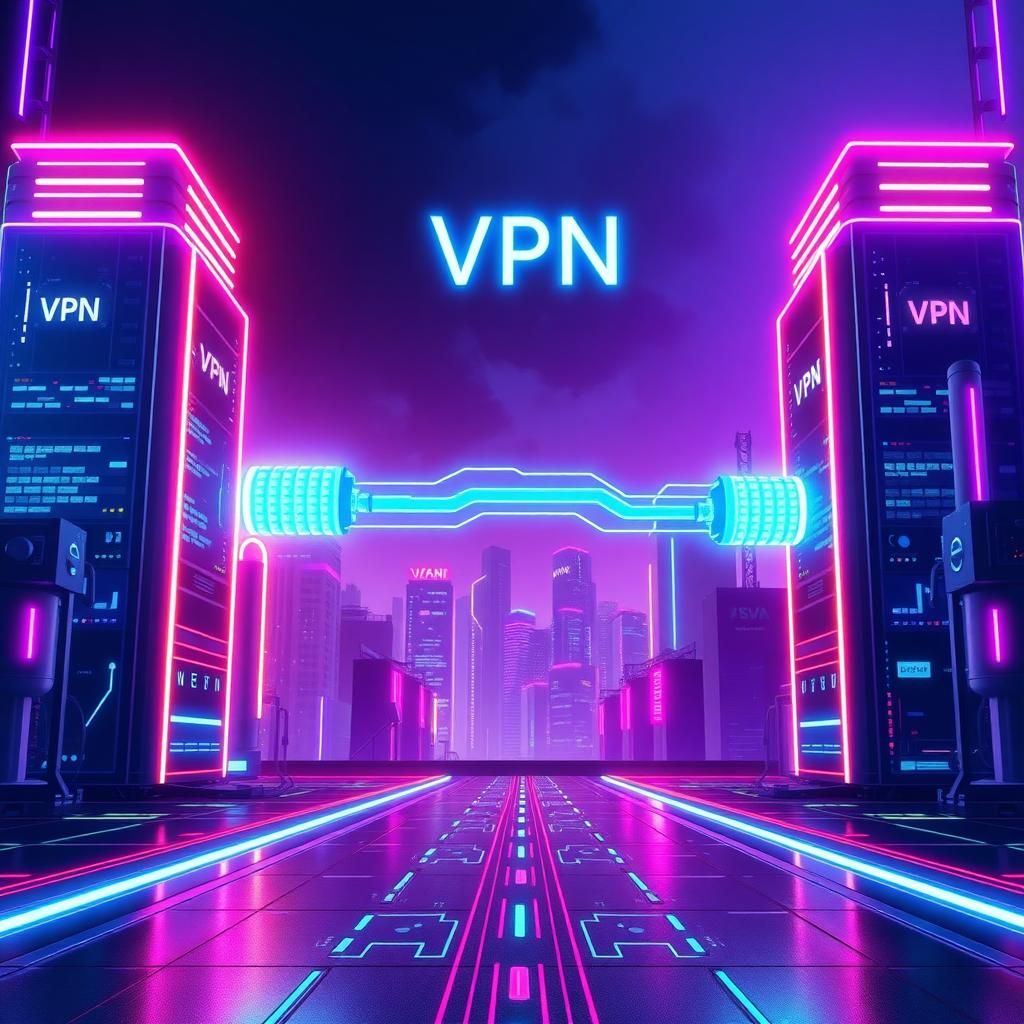 Digital data stream passing through two VPN servers in a cyberpunk cityscape