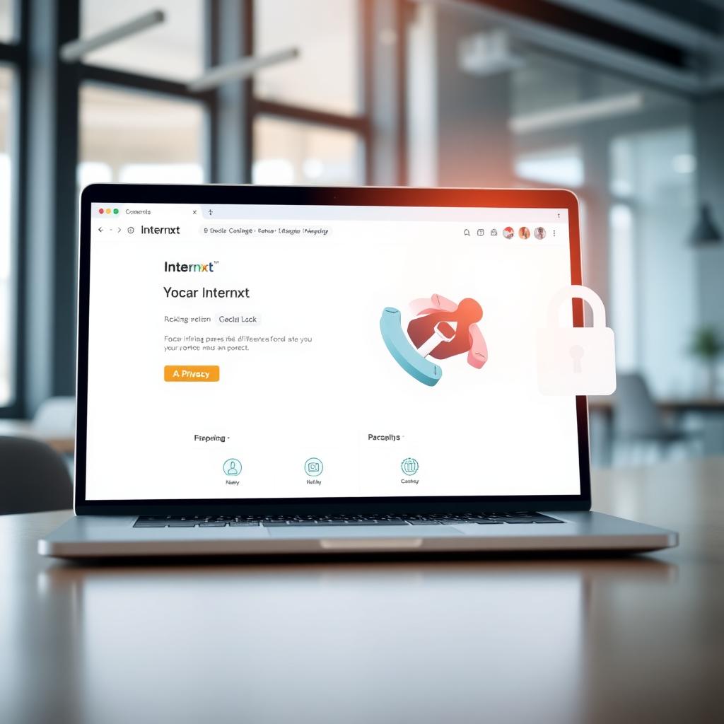 Laptop displaying Internxt's web interface in a modern office setting with a padlock icon.