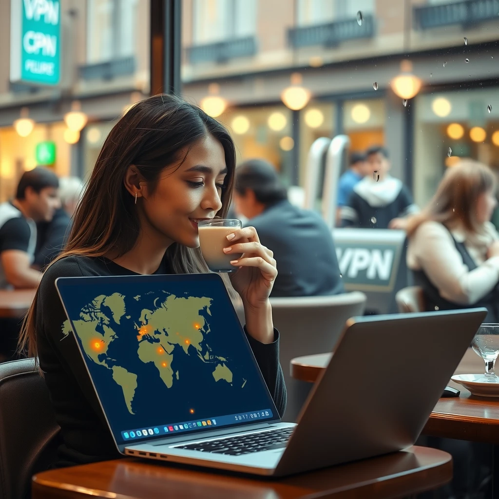 Woman using VPN in a coffee shop for secure browsing
