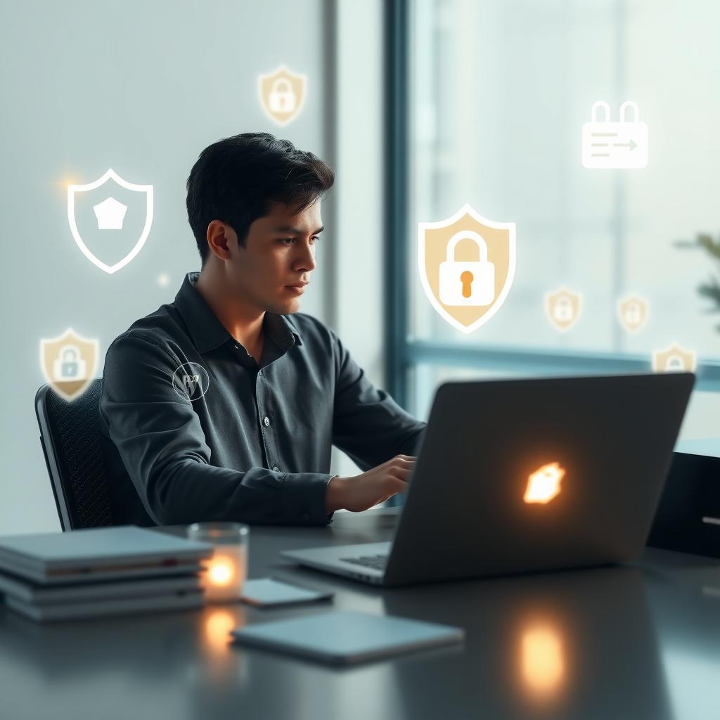 A person using a laptop with a glowing padlock icon on the screen, surrounded by digital privacy symbols.