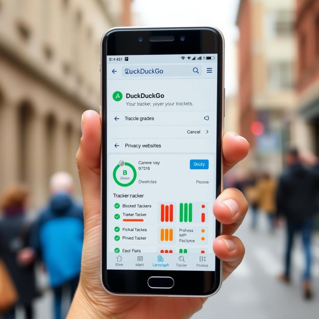 Smartphone showing DuckDuckGo app with a website’s privacy grade and tracker-blocking stats.