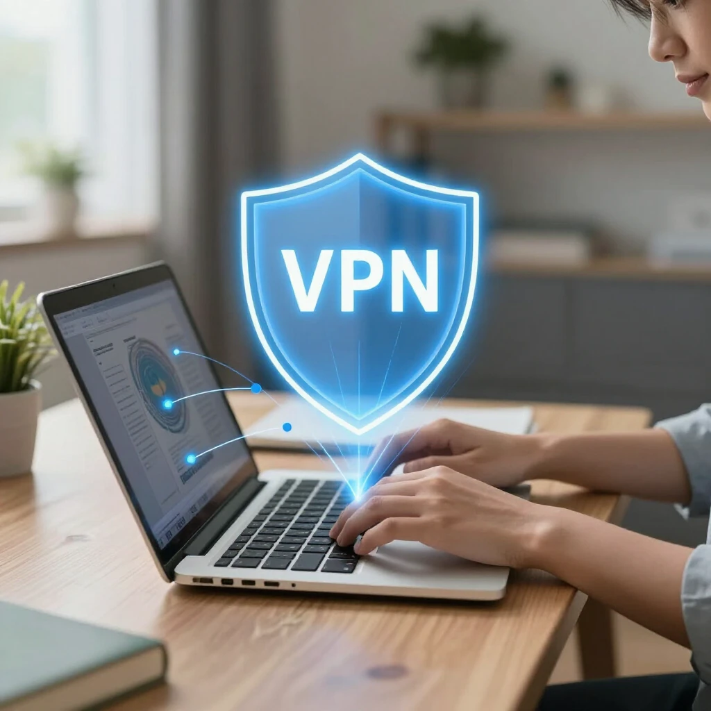Person using laptop with VPN shield protecting data for online privacy