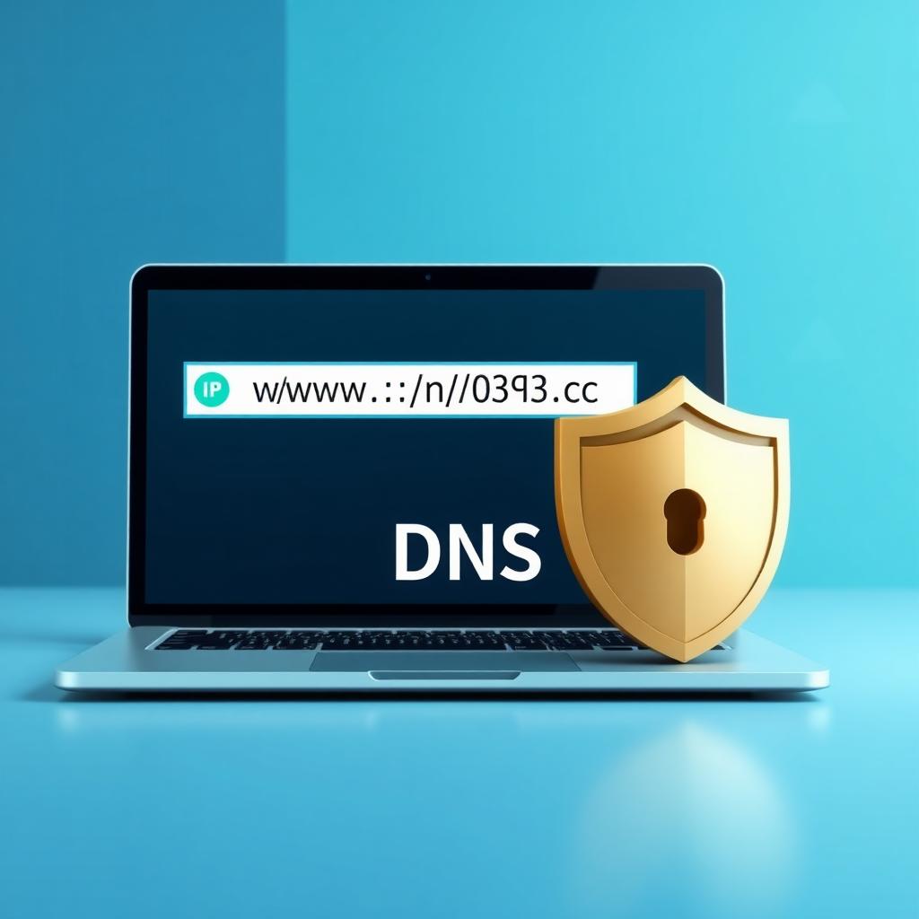 Digital illustration of a DNS process with a shield around a laptop screen