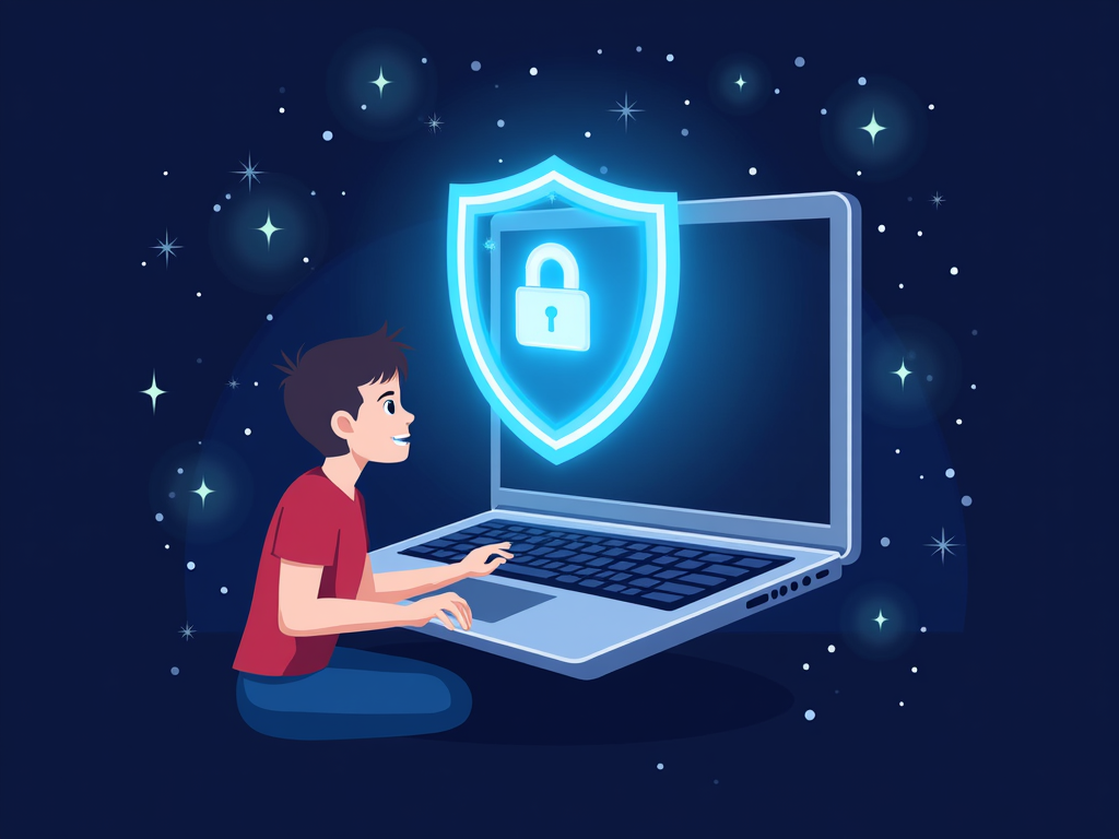 Person browsing on a laptop with a shield protecting the screen