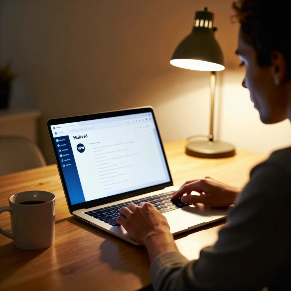 Person configuring Mullvad VPN on laptop in home office
