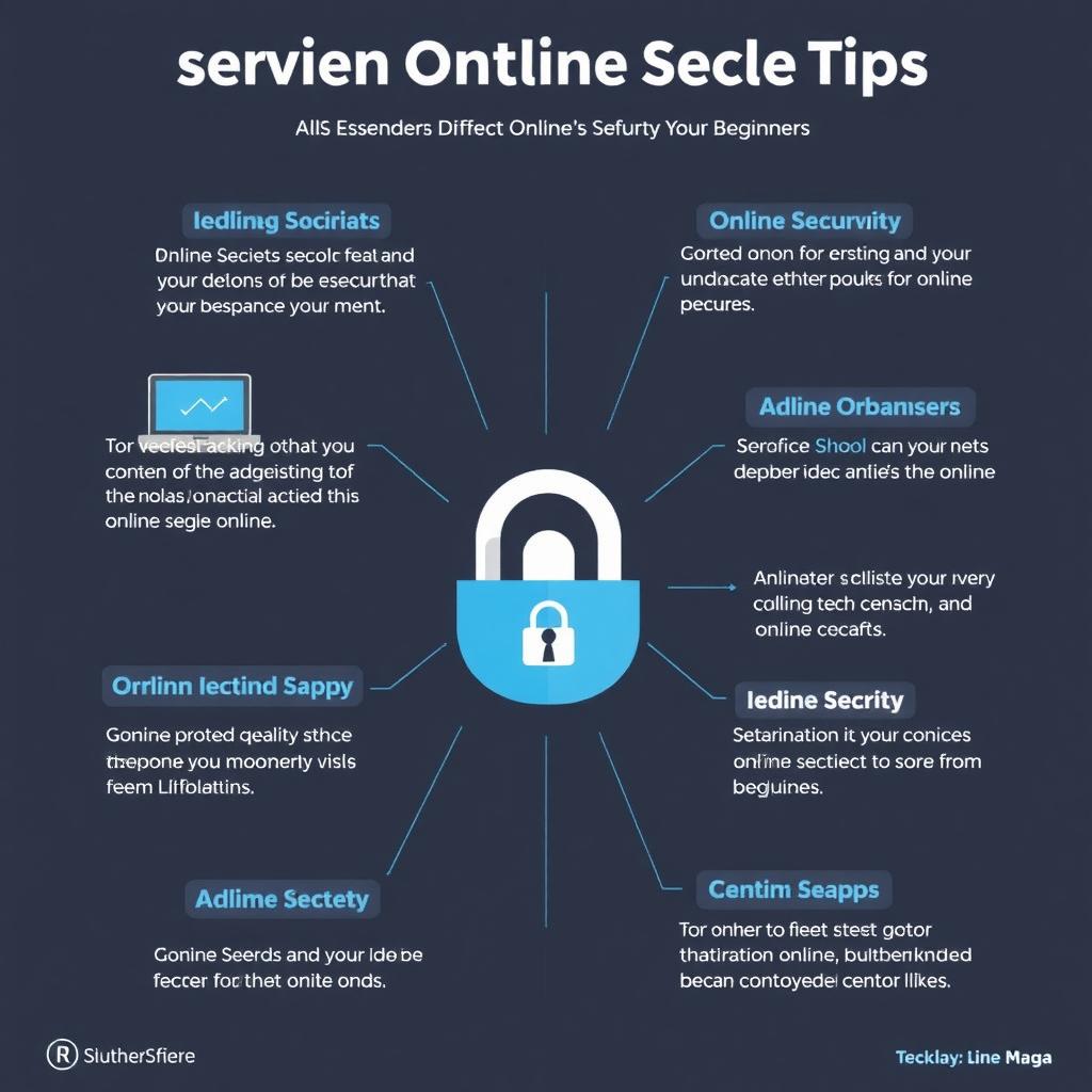 An infographic with icons representing online safety tips, such as a padlock for strong passwords and a shield for antivirus protection.
